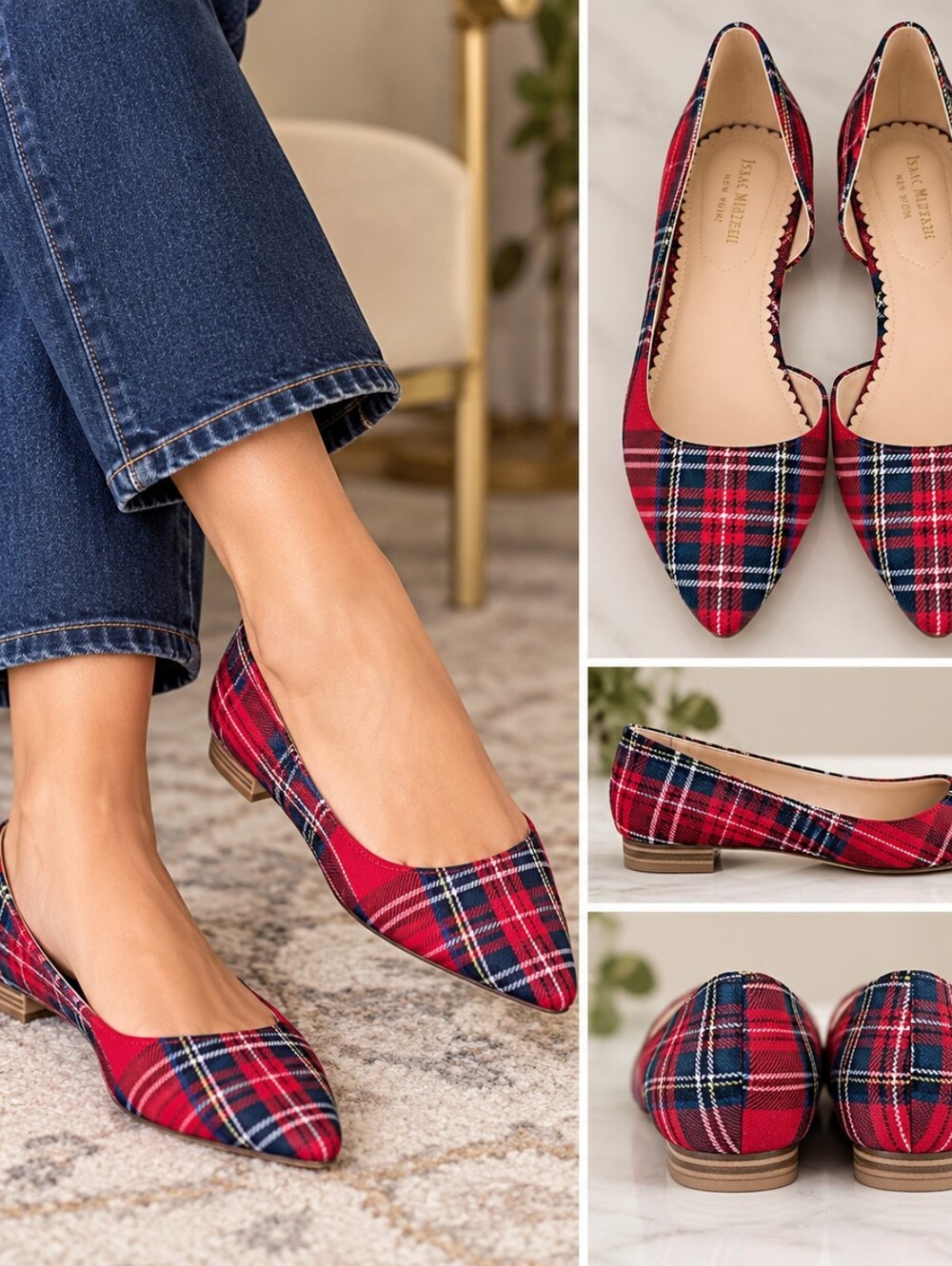 Isaac Mizrahi New York Red Tartan Plaid Pointed Toe Flats Holiday Preppy